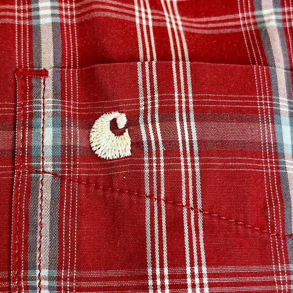 Carhartt Relaxed Fit Button Down Short Sleeve Shirt Mens Size L Plaid Red Blue - Picture 5 of 9